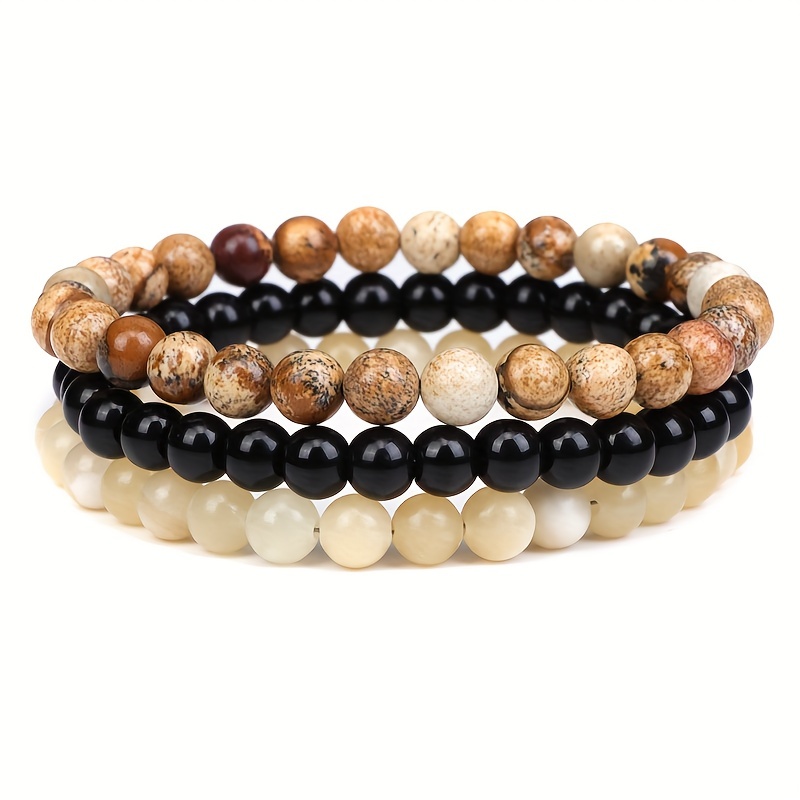 Men's & Women's 6mm Natural Stone Beads Bangle Bracelet Set